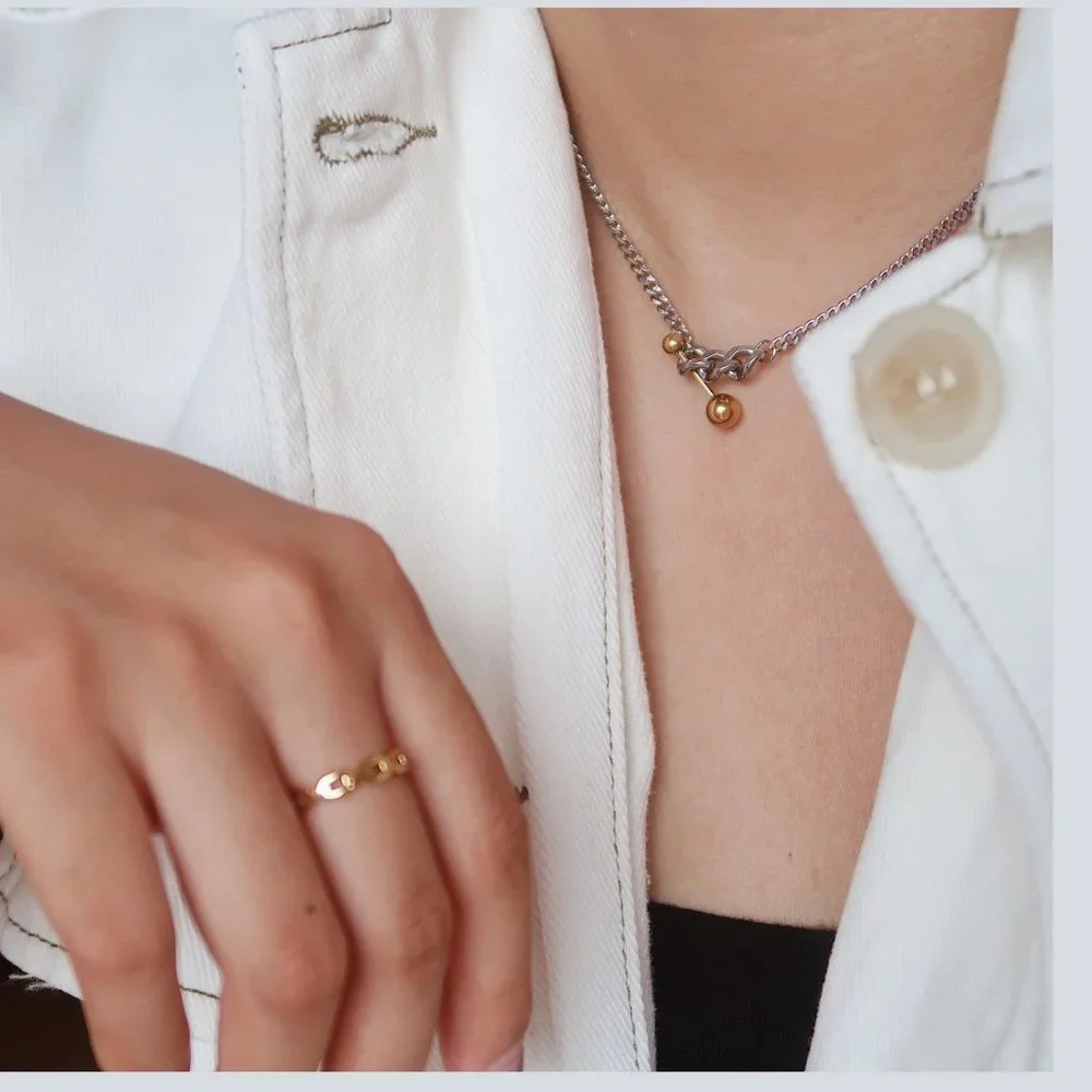 NEW Two Tone 18K Gold Plated Link Chain Gold Ball Bar Necklace